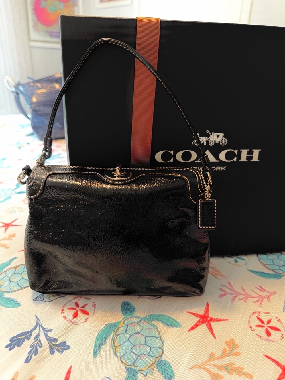 Coach Black Patent Leather Mini Bag with Top Handle and Turnlock